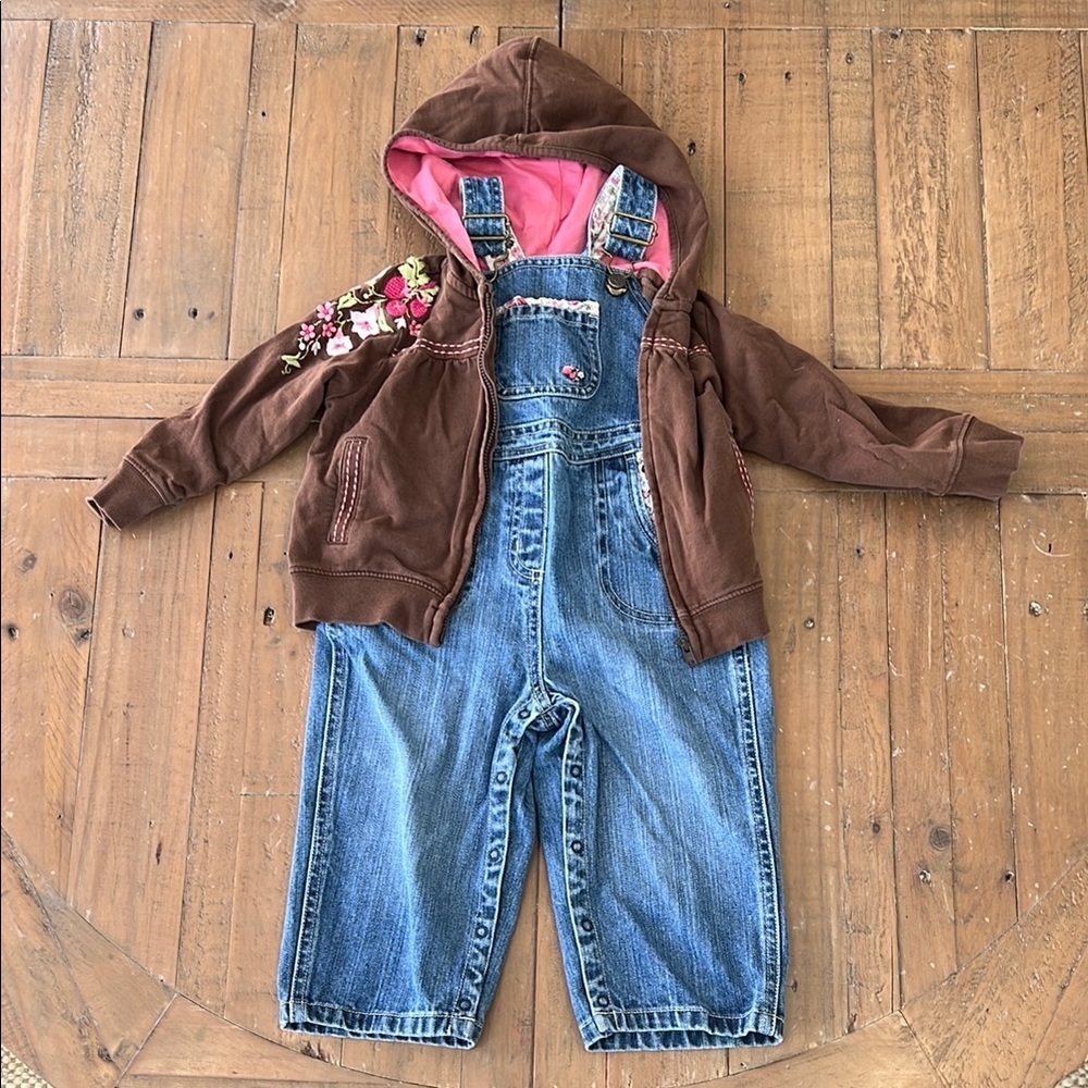 Janie and jack vintage strawberry floral denim overalls and hoodie jacket